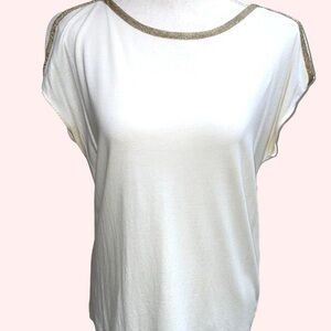 Ann Taylor Ivory w Gold Metallic Trim Top Boatneck Short Cap Sleeve Size LP